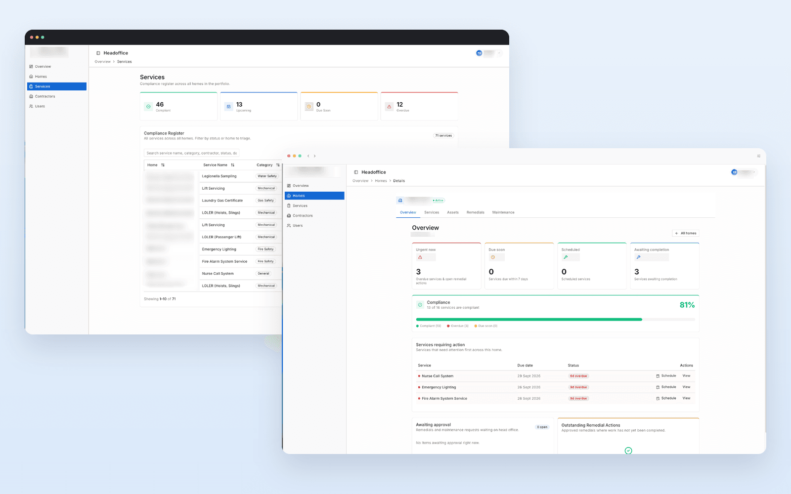 Two screens of the compliance system: a portfolio-wide services register showing compliant, upcoming and overdue counts, and a single home's overview with its compliance percentage and the services needing action.